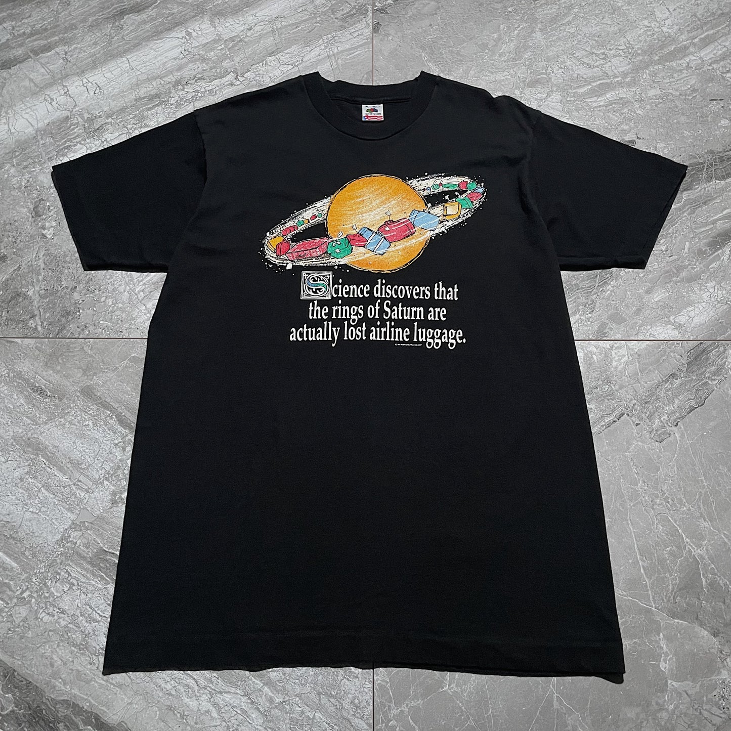 90s  ロスバケでこのサークルモチーフのデザイン良すぎんだろ、、(紛失荷物)  “ フルーツ一枚タグのシングル×シングルでＸＬサイズというのもだいぶ偉いす。(^_^;)”